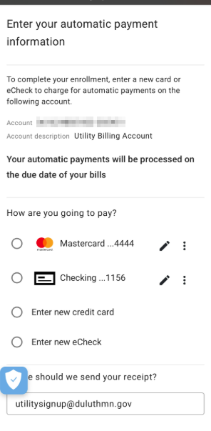 Saved Payment methods displayed in Utiltiy Access for auto pay enrollment