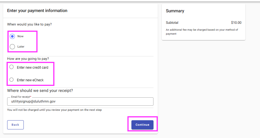 screen to enter when you would like to issue payment and the payment type in the Utility Access Portal