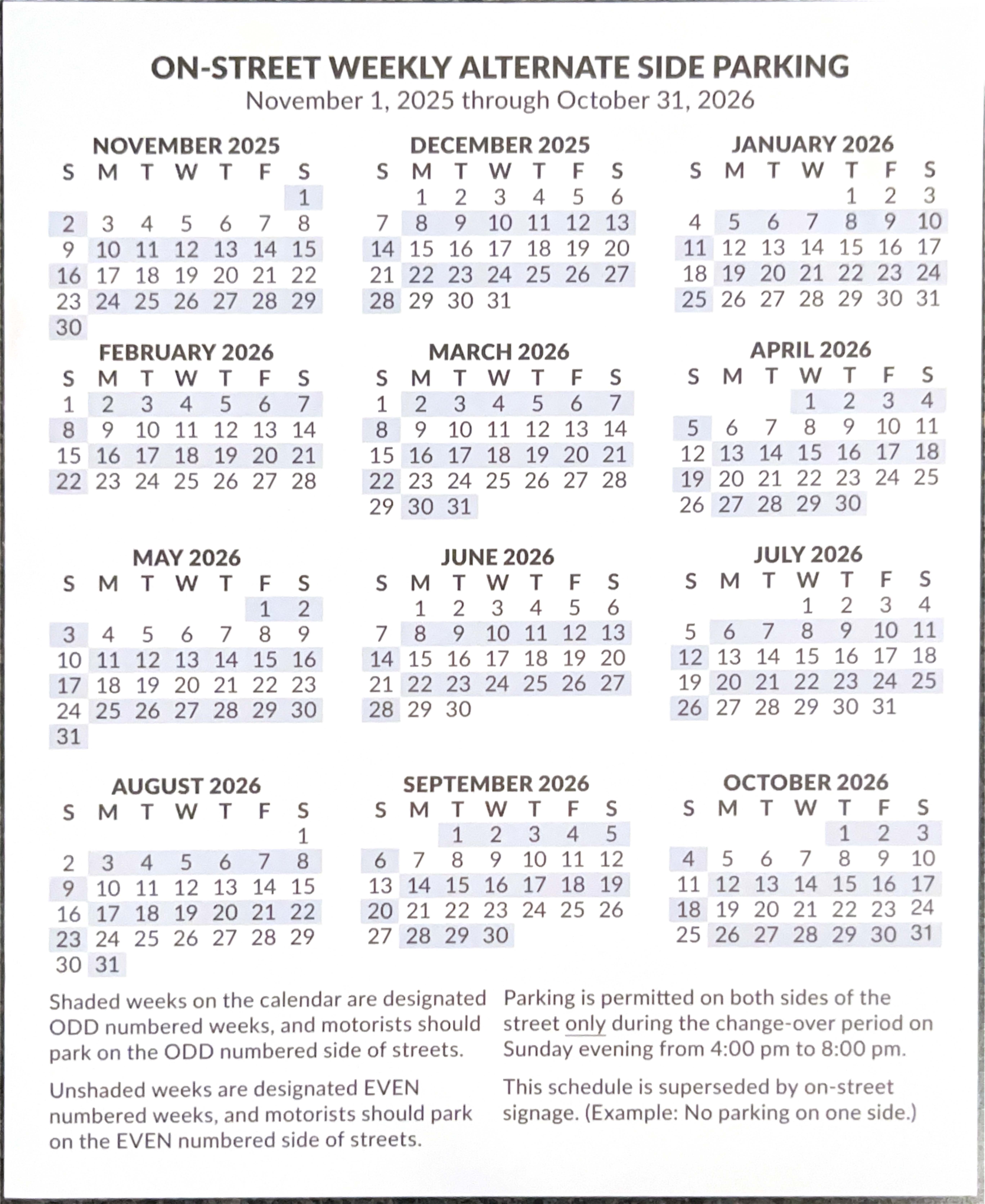 Weekly Alternate Side Parking Calendar. Refer to list of dates above image.