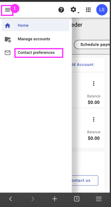 Hamburger Menu on the left side navigation of the mobile version of Utility Access with the Contact Preferences section highlighted