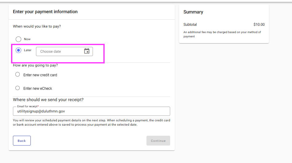Utility Access Portal screen to schedule a later payment date and select payment type