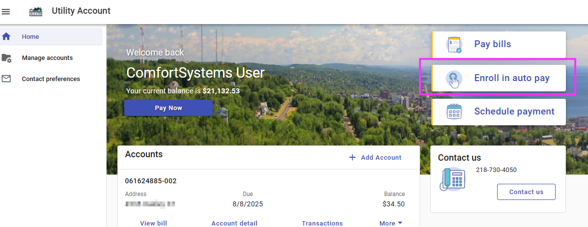Desktop view of the Utility Access portal with the option to enroll in autopay highlighted