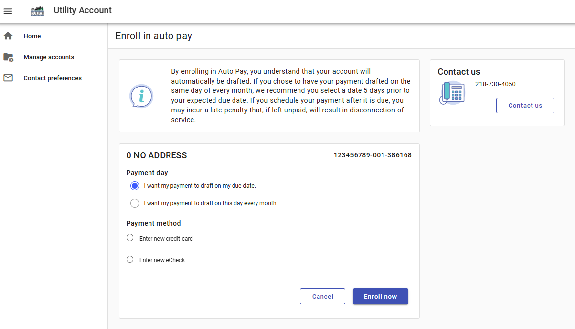 Utility Access screen for user to select the payment due date and the payment method