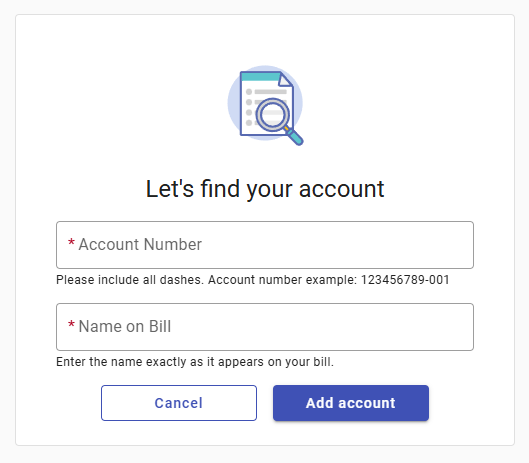 Account Credential Window of the Utility Access portal.  Enter the account number and name on your bill