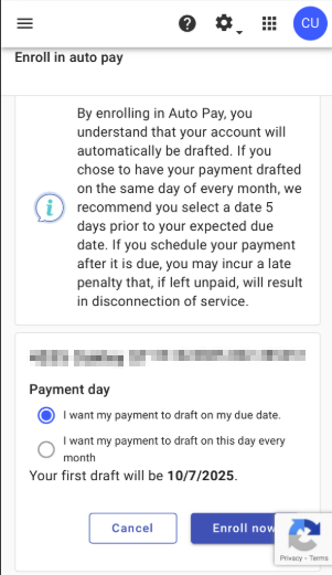 autopay due date selection screen in the Utility Access Portal